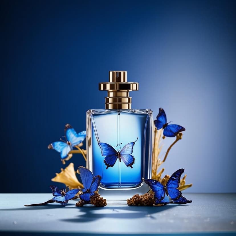 Product photography featuring a perfume bottle surrounded by flowers and butterflies in flight