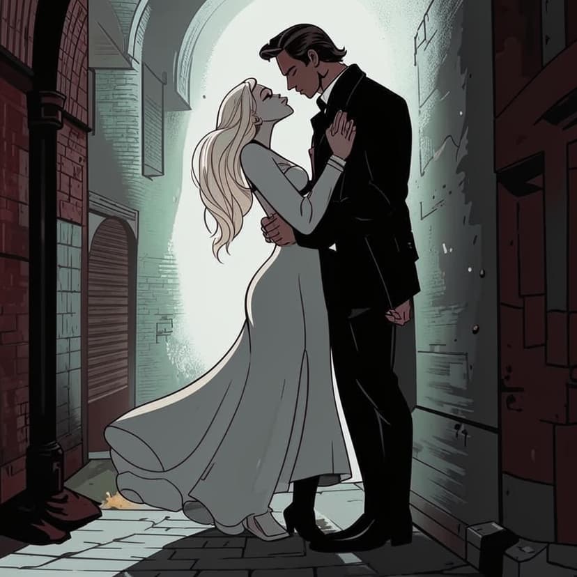 Create an illustration of gothic male and blonde female from Don Bluth kissing. Gothic male has grey and black suit wearing a spiked black boots. The female blonde is white silk gown. The couple is kissing while leaning against the wall. She is pulling him close to her. He is pushing her against the wall. Romance in the alley