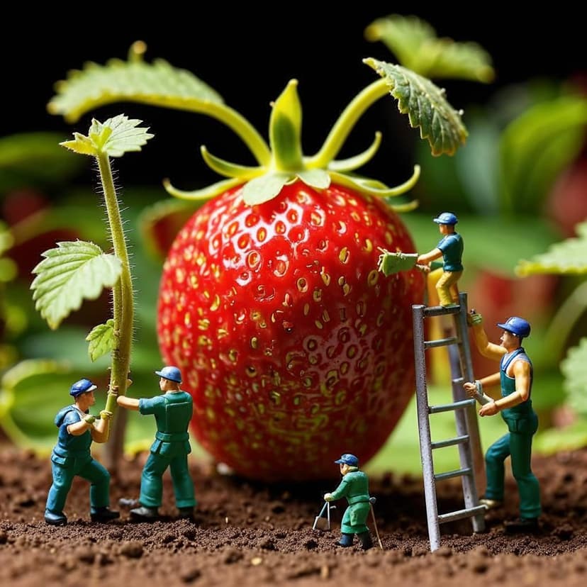 A team of miniature gardeners is tending to a massive strawberry as if it were a farm. Some are trimming leaves with tiny shears