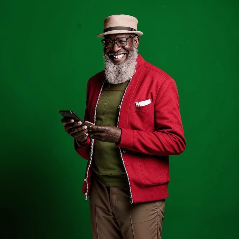 A full-body studio photograph of an old Black man with a beard and glasses