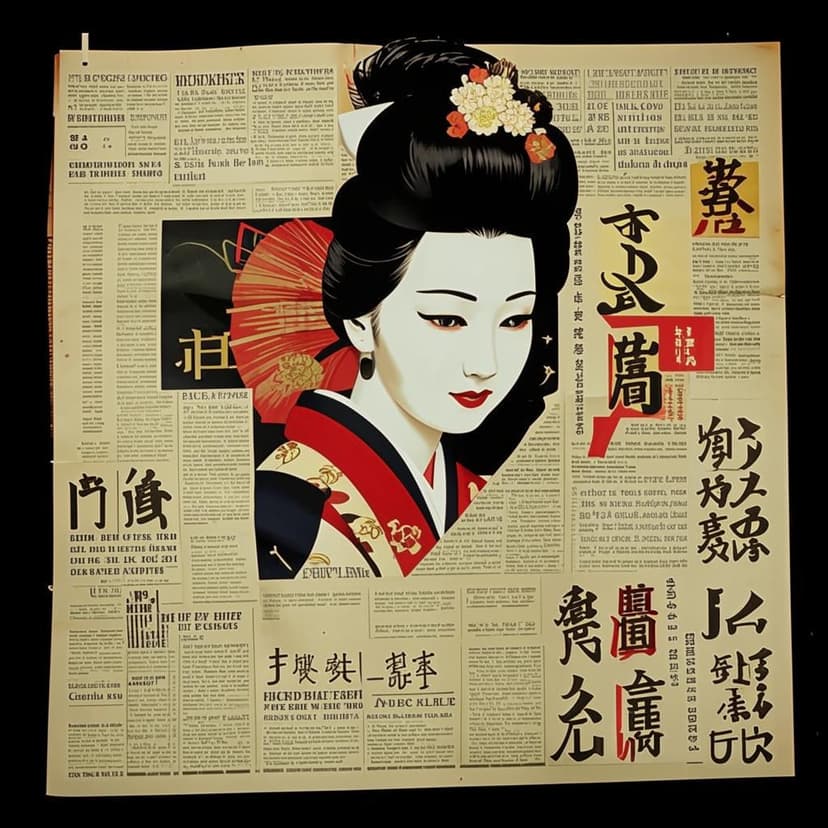 1950s old japanese newspaper with japanese text labels with geisha woman as label with dark background