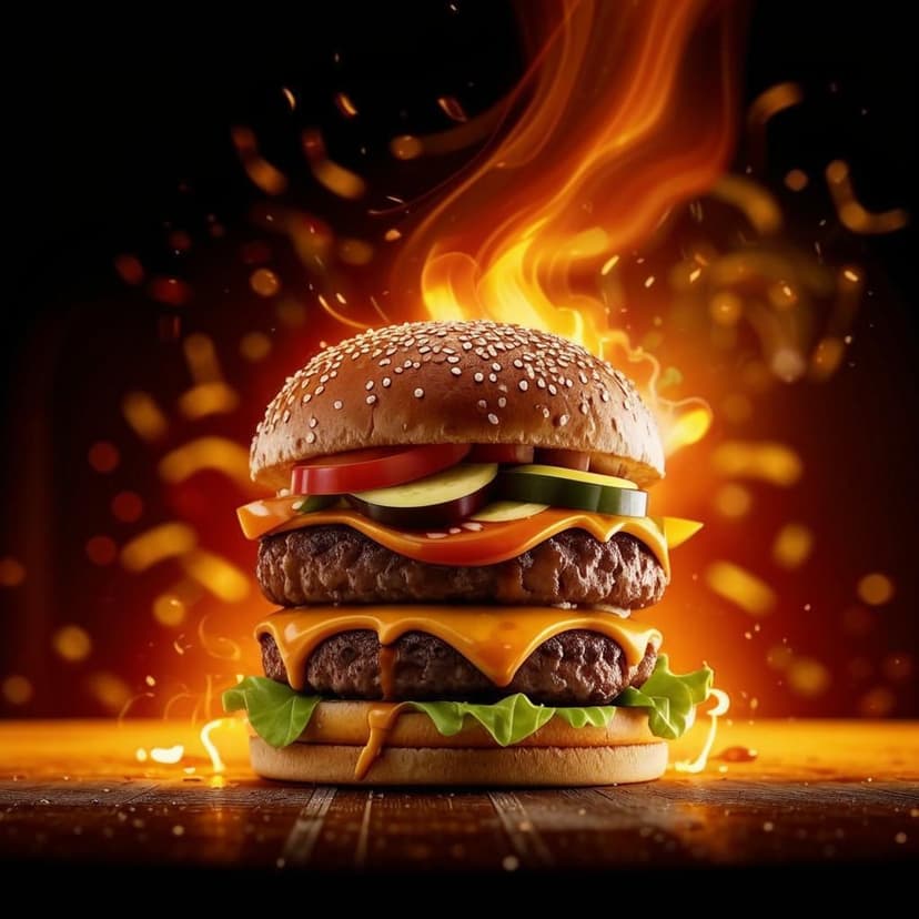 Flaming hamburger with a dark moody background. A burger with toasted buns
