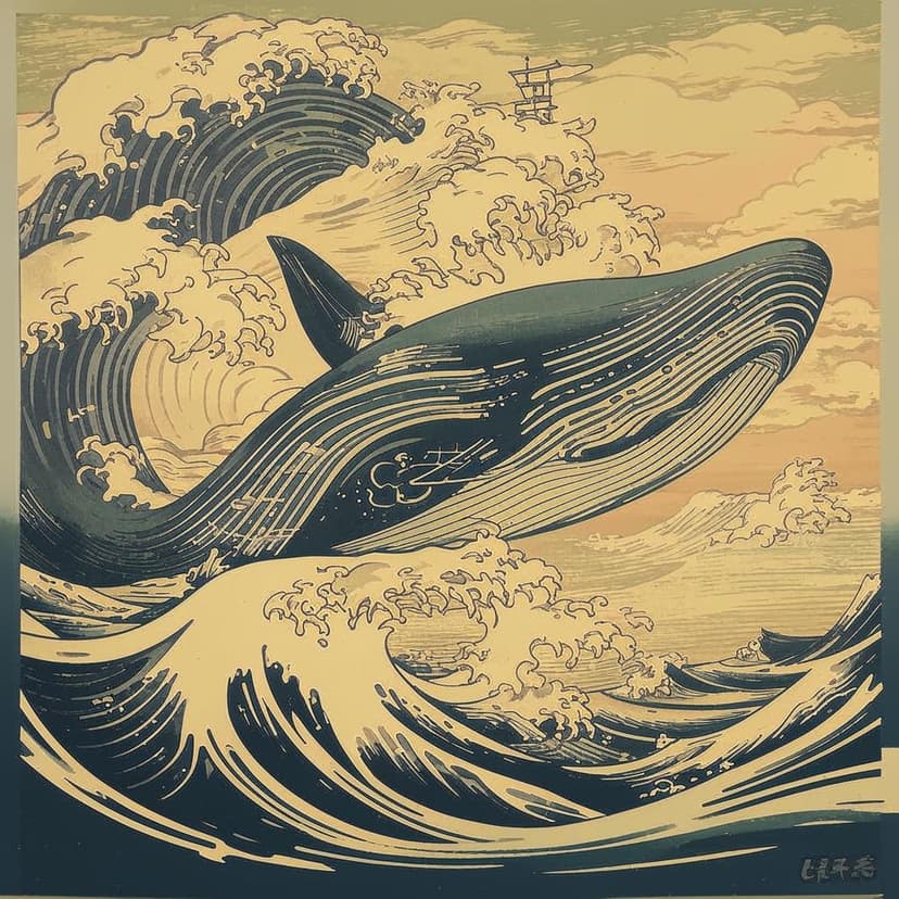 A mythical flying whale illustrated in the traditional Japanese Ukiyo-e style