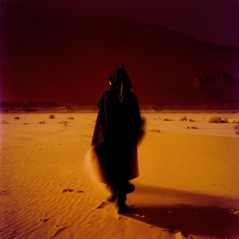 A grainy blurry photograph of the silhouette of man walking in an orange desert at night