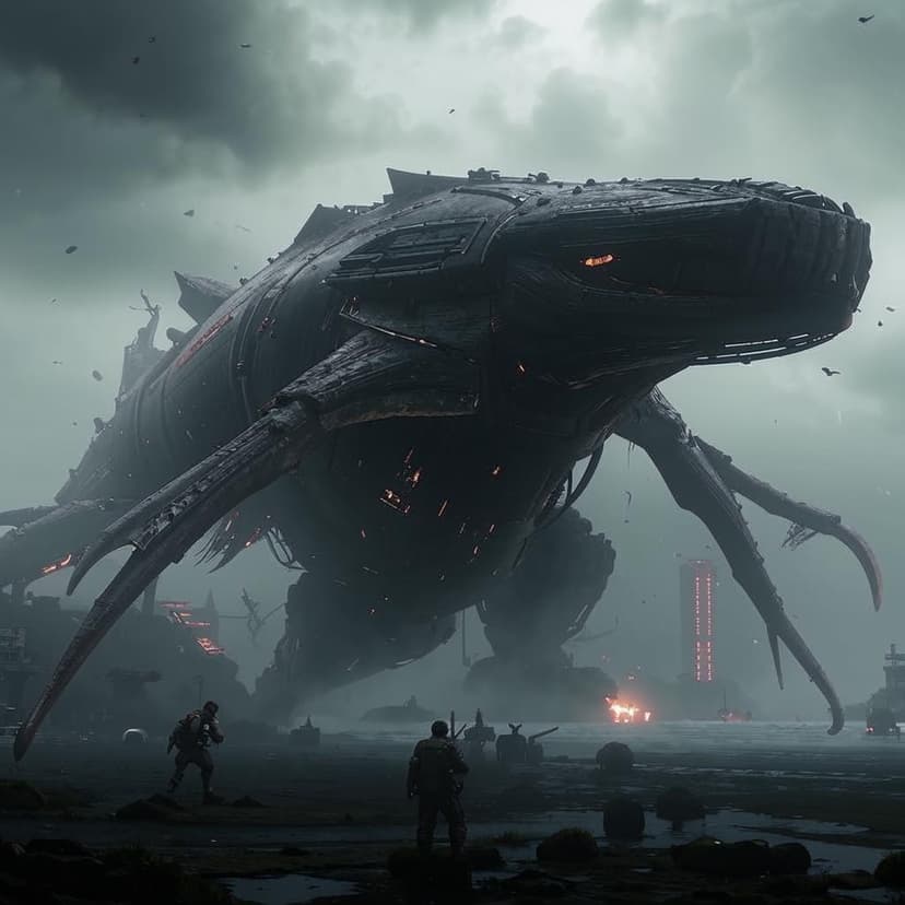 A towering whale entity rises with flowers from the depths of the murky battlefield