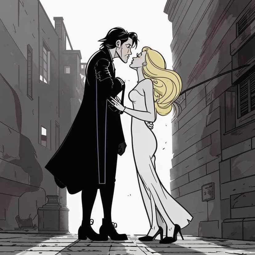 Create an illustration of gothic male and blonde female from Don Bluth kissing. Gothic male has grey and black suit wearing a spiked black boots. The female blonde is white silk gown. The couple is kissing while leaning against the wall. She is pulling him close to her. He is pushing her against the wall. Romance in the alley