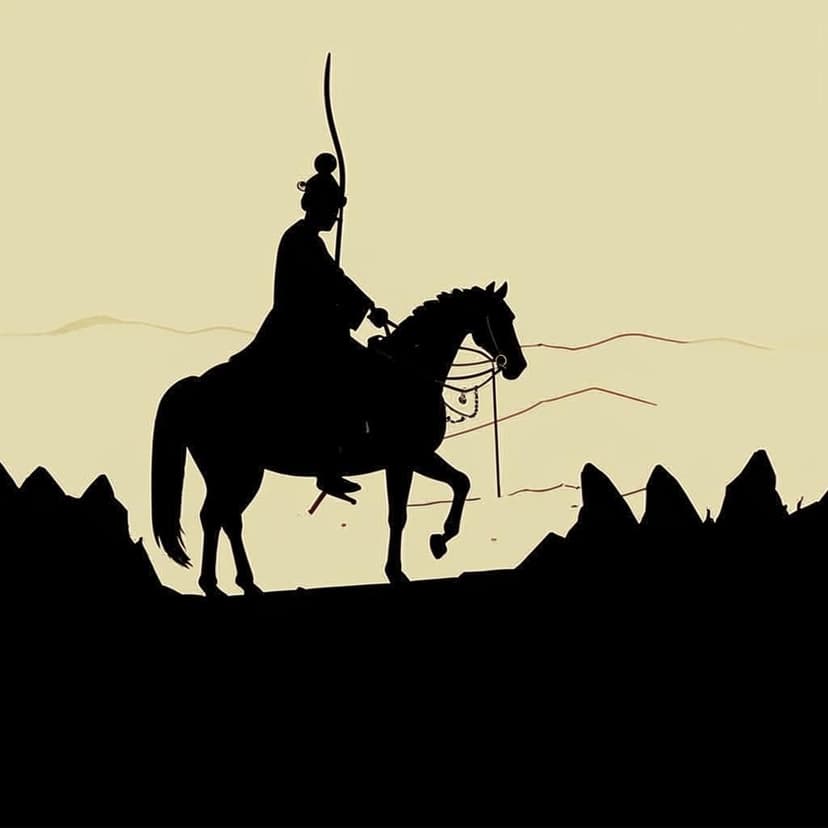 “Hero’s Farewell” – A striking Huaxian shadow play piece in Xue Hongquan’s style. Minimalist lines frame a general astride his steed against vast negative space