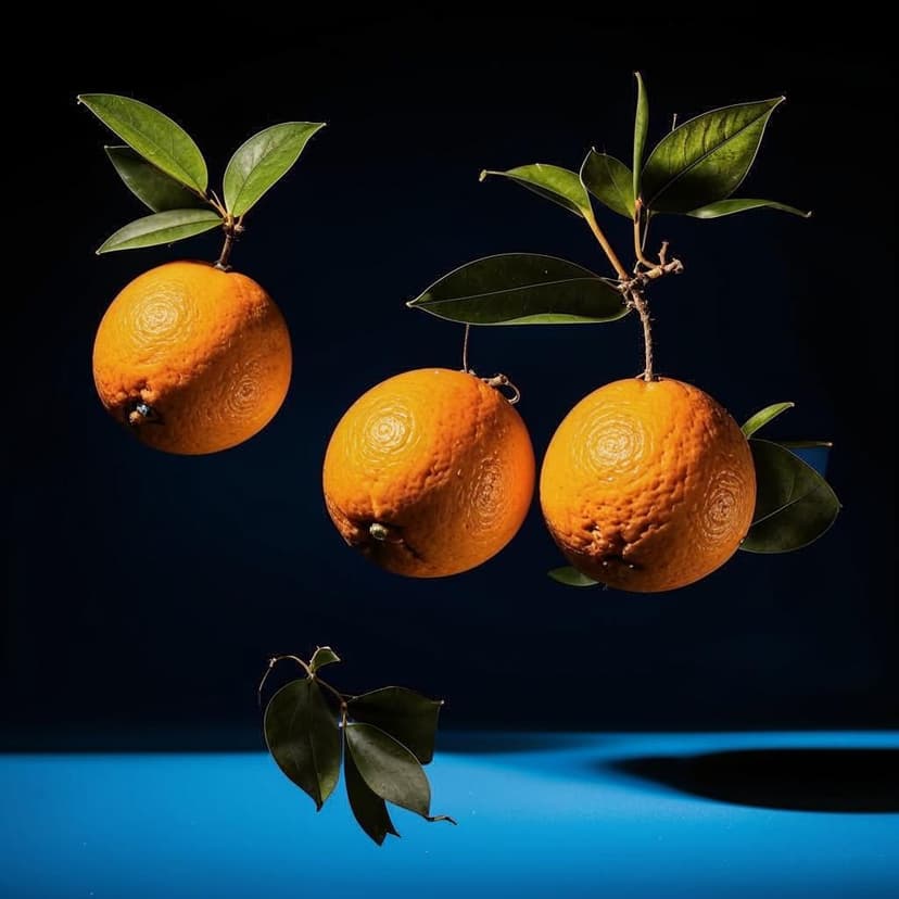 Three sunlit oranges drop from the sky
