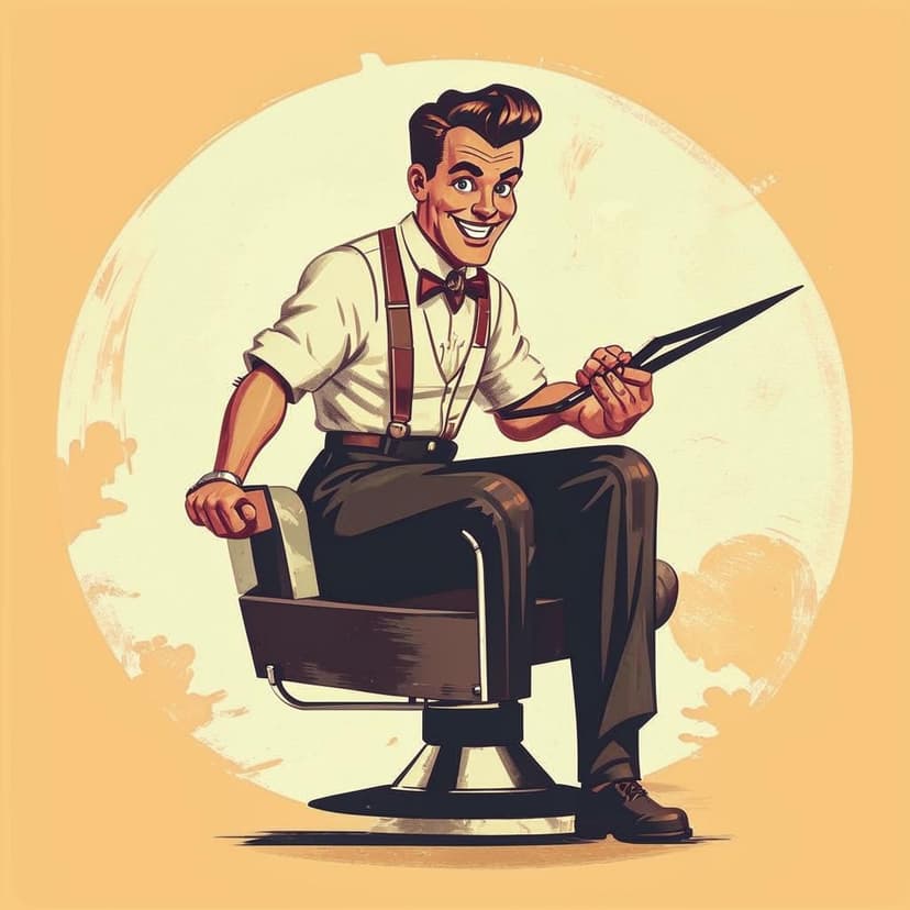 Vintage 1950s-style barber diagram: grinning man wields giant scissors