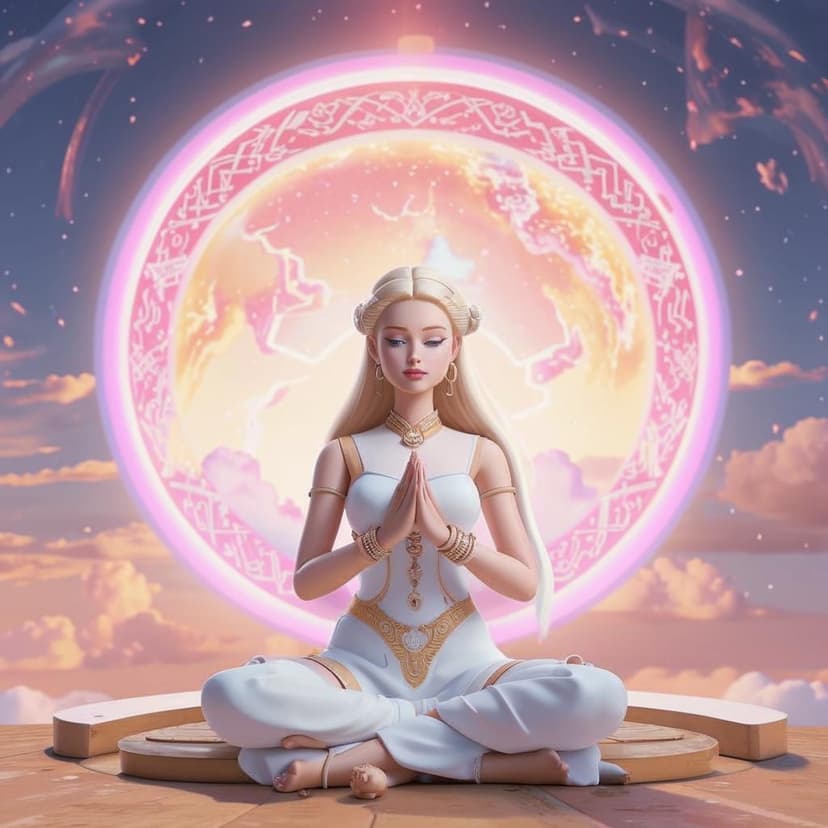 A serene blonde Barbie in white Chinese attire meditates cross-legged on Mercury’s halo