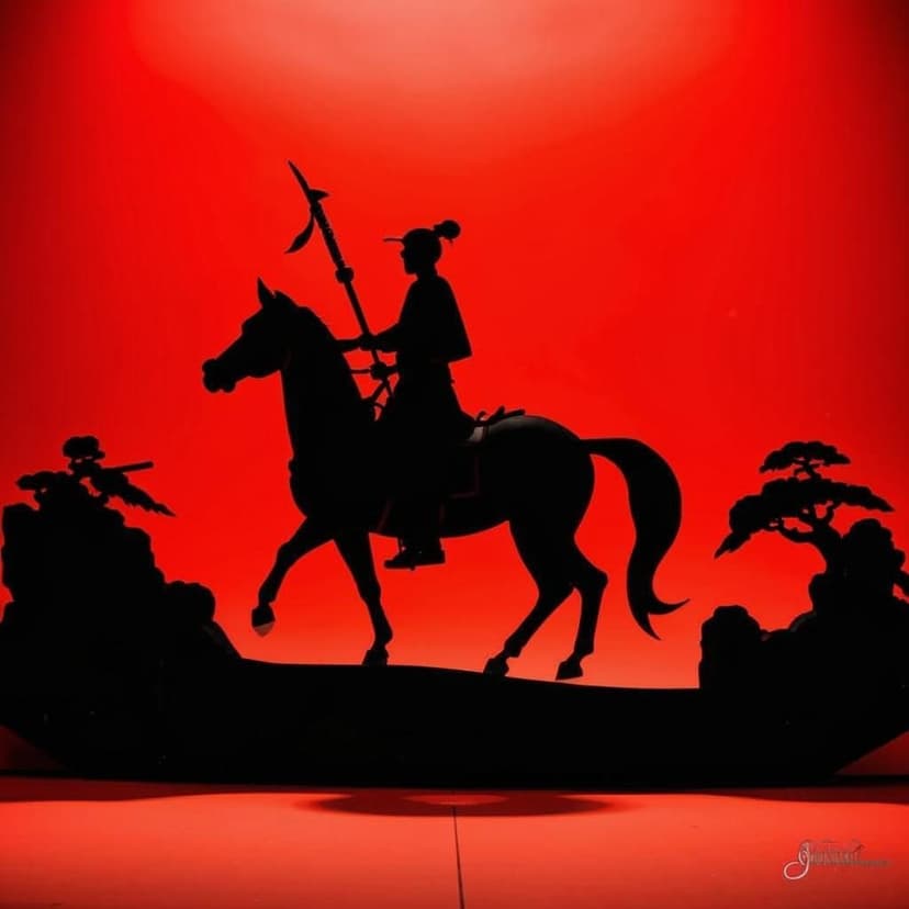 “Hero’s Last Ride” – A minimalist Huaxian shadow play scene featuring a general on horseback