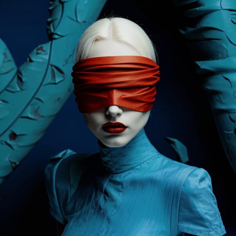 **”Vivid high-fashion studio shot: an albino woman with a blindfold