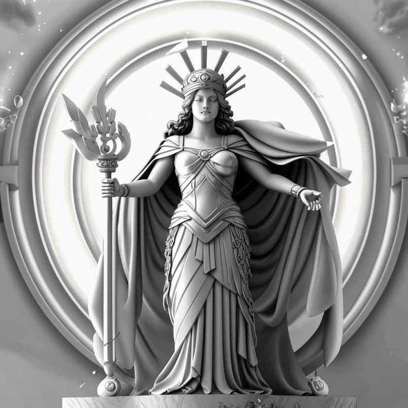 A striking black-and-white digital illustration of Athena as a marble statue