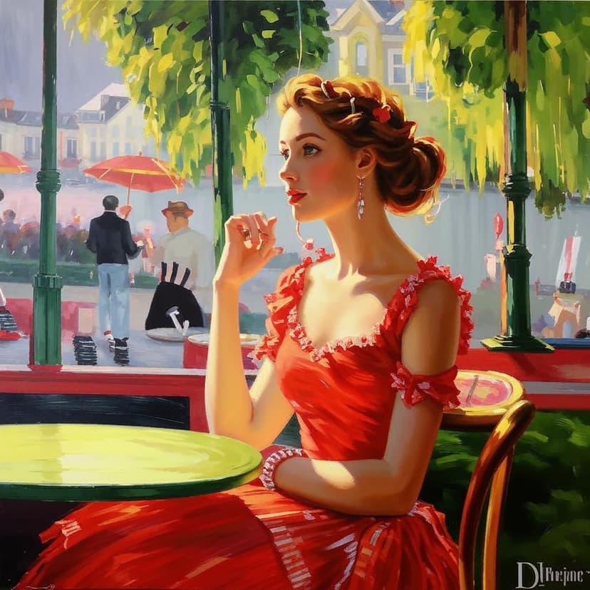 A stunning woman in a red dress sits gracefully at a Parisian café