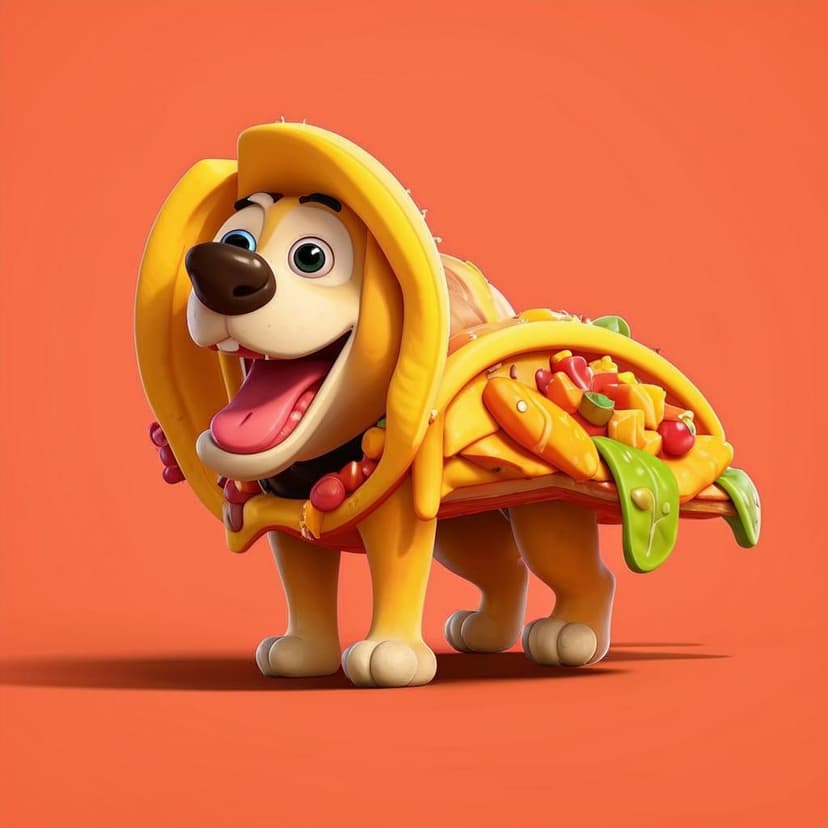 “Textured Pixar-style cartoon of a dog shaped like a taco