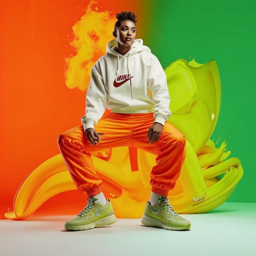 A fierce Nike Air ad with a model leaning back in white sweatshirt and orange cargos