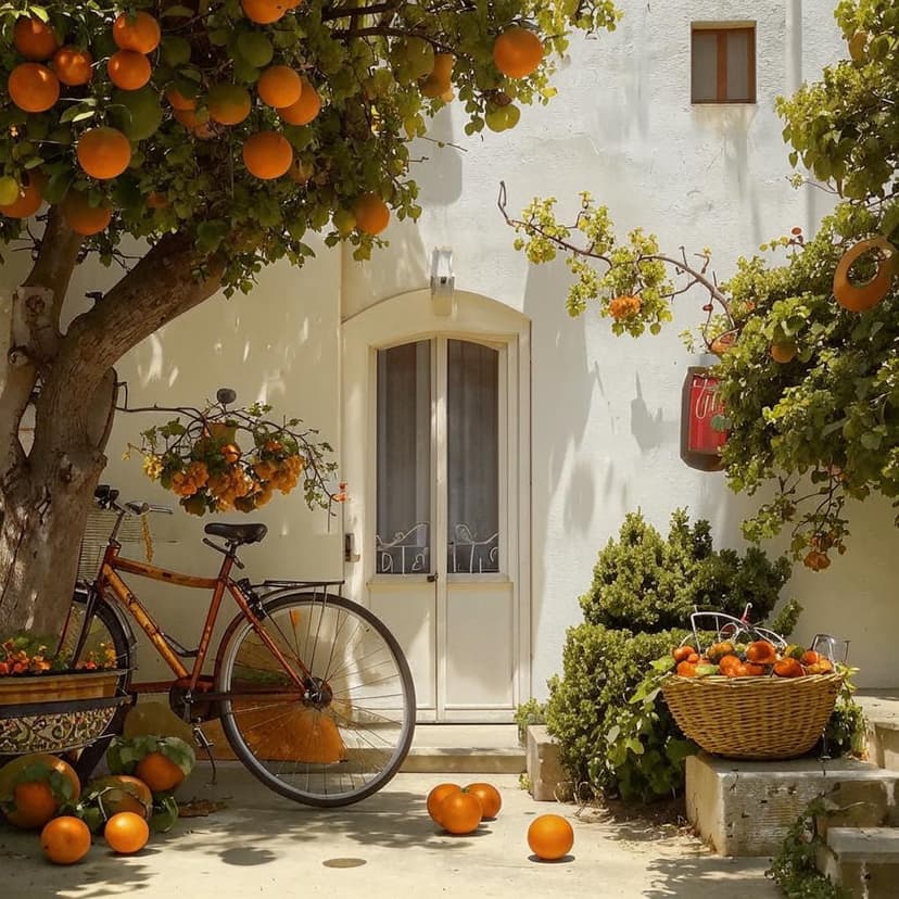 A charming white Mediterranean house with a rustic wooden door