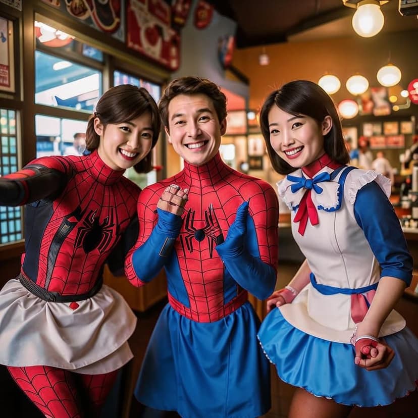 Spider-Man snaps a selfie with adorable maids in a Tokyo café –ar 3:4 –style raw –v 7 –stylize 160 –profile 7fxa5eu