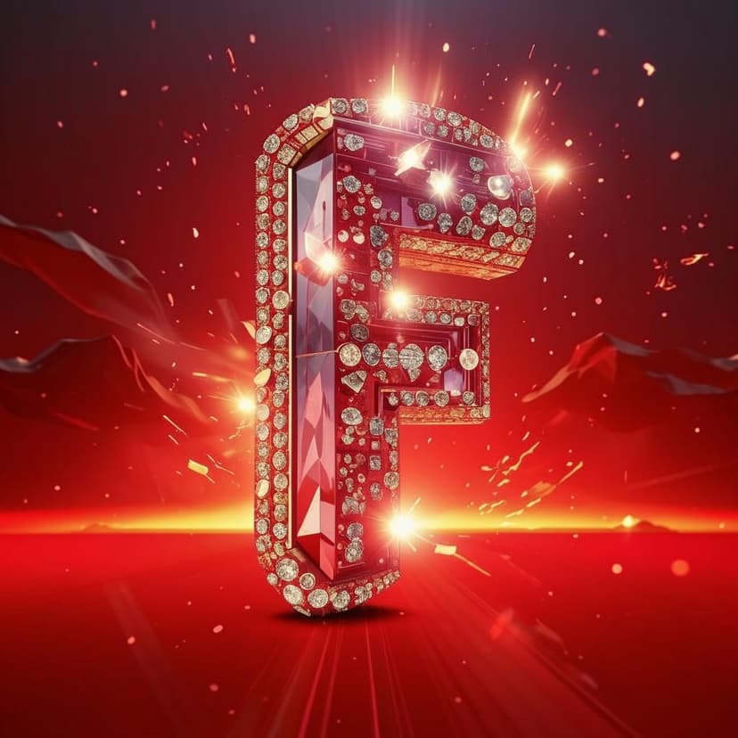 A sparkling 3D GPS ‘F’ icon adorned with rhinestones floats dramatically against a vivid red gradient backdrop