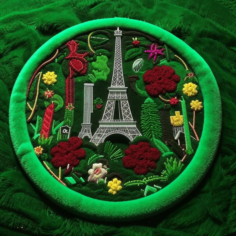 A lush green shaggy carpet with embroidered leaves