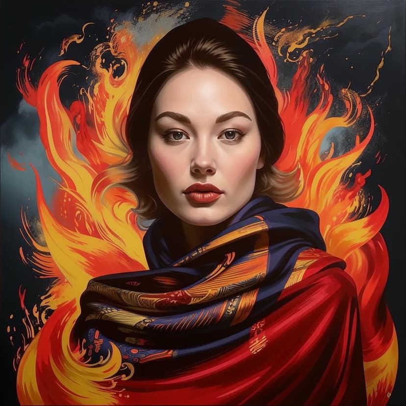 A striking contemporary portrait of a woman in a crimson cashmere shawl with golden flames