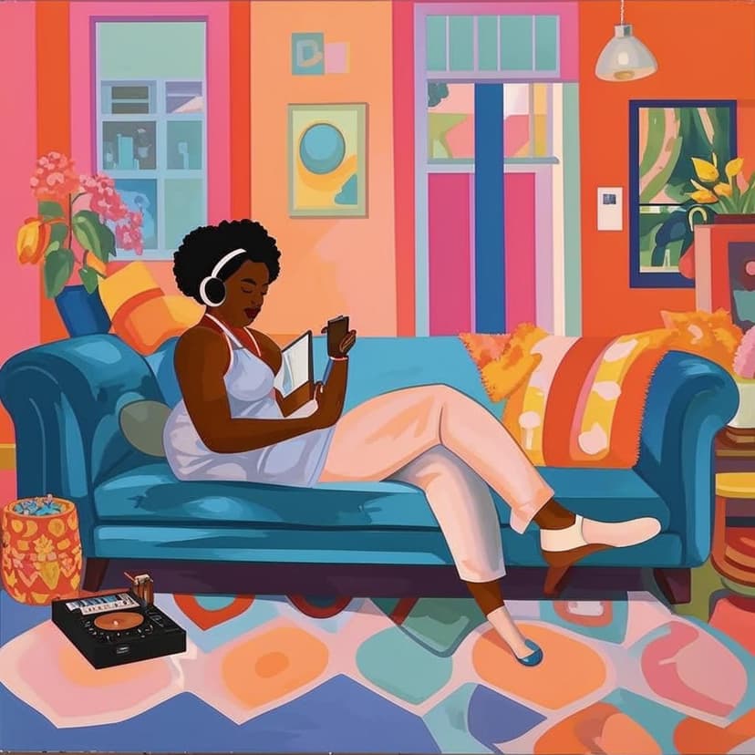A vibrant pastel painting of a Black woman relaxing on a sofa