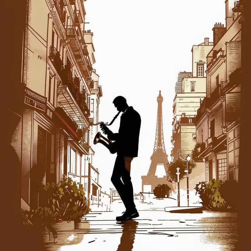 **Single-line sketch:** A saxophonist plays on a Parisian street