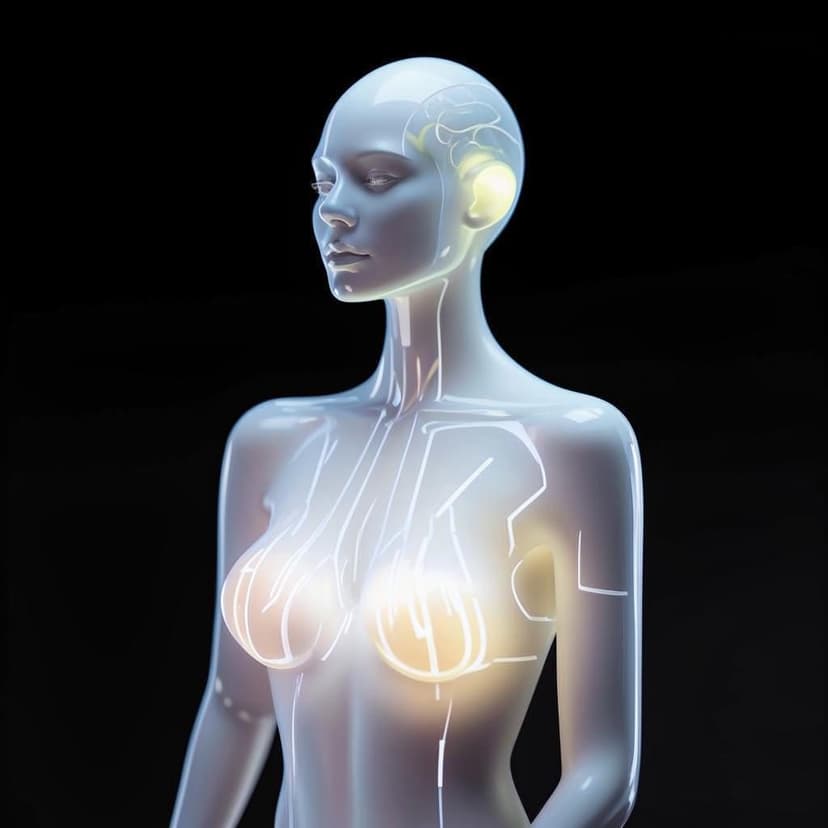 A luminous woman crafted from frosted glass stands before the camera