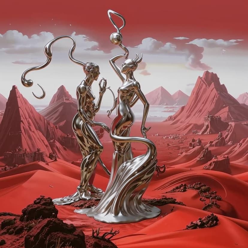 A fluid silver sculpture of two twisting figures rises from crimson desert sands