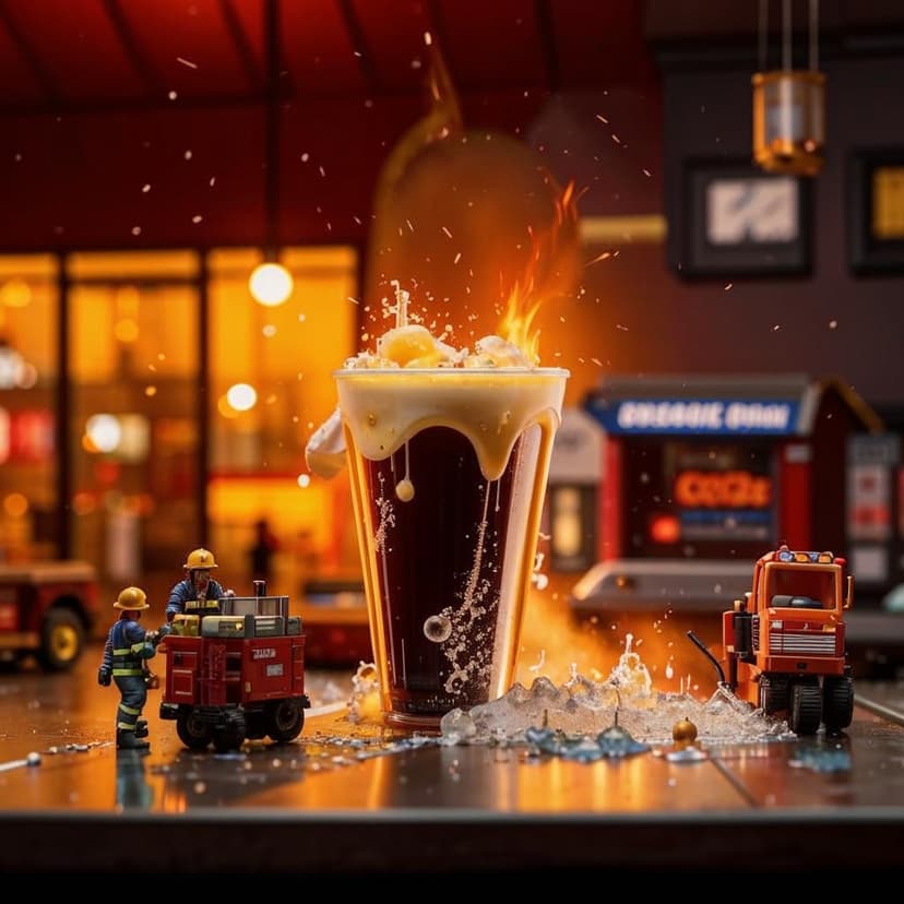A massive hyper-realistic McDonald’s Coke in a clear cup towers over tiny firefighters scrambling with hoses and ladders to manage the fizzy overflow. Mini forklifts deliver ice as sparkling condensation drips down the glass under warm café lighting