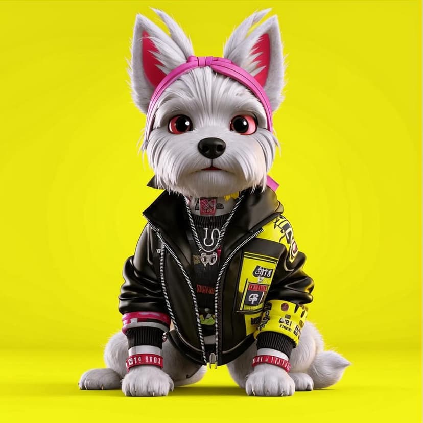 A punk-style 3D Westie with silver-black braids
