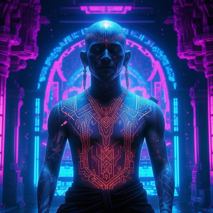 A monk with cybernetic arms tattoos glowing UV designs in a neon-lit temple