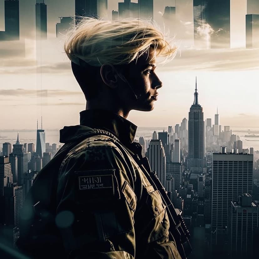 Stunning blonde soldier’s silhouette blends with New York City skyline in striking double exposure portrait
