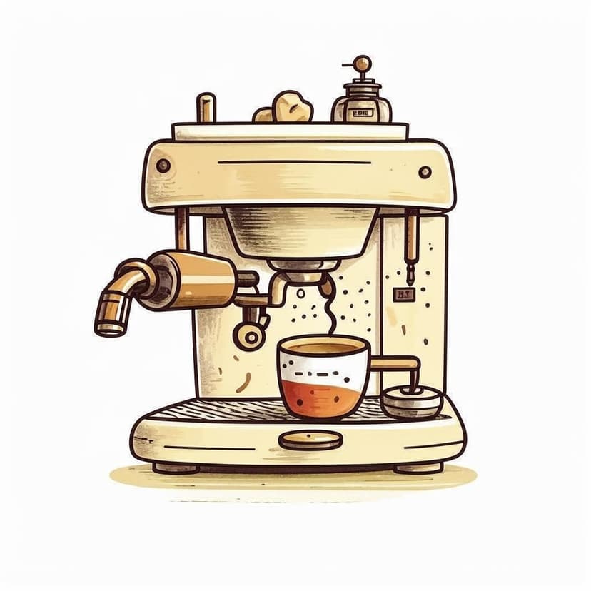 A whimsical espresso machine and coffee cup sketch