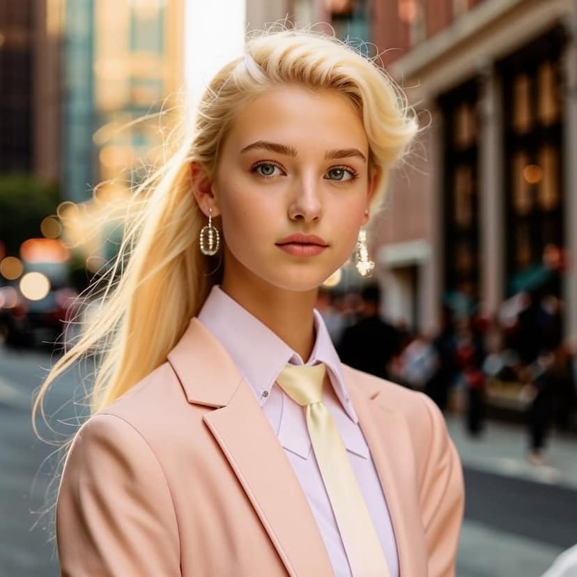 A poised blonde teen in a pastel prep school outfit