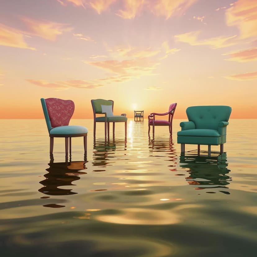 A surreal dreamscape of oversized designer chairs in varied hues and forms