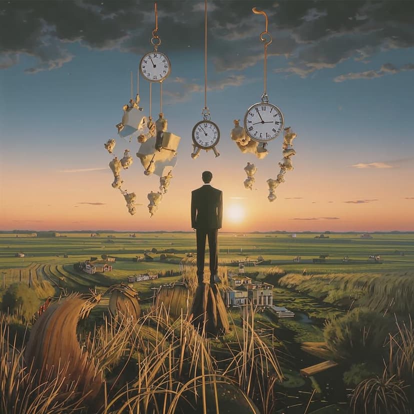 “A man stands before melting clocks in Magritte’s surreal ‘Persistence of Memory