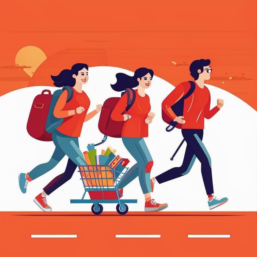 Three people sprint with a loaded shopping cart in a flat vector style. Two women wear backpacks