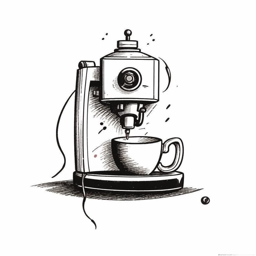 A minimalist espresso machine and cup sketch on white
