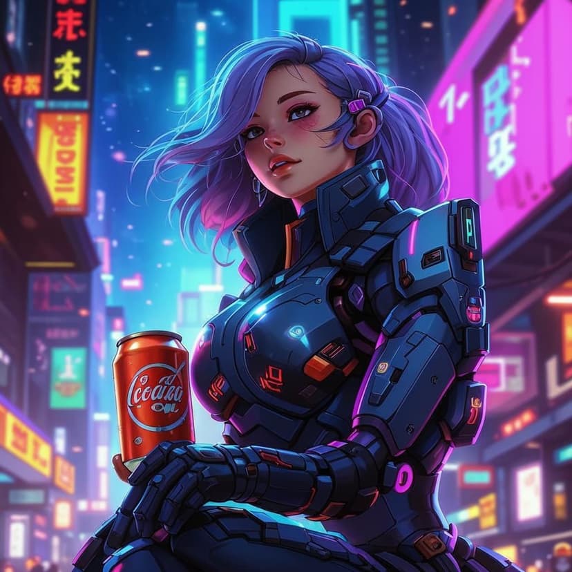 Anime girl in a sleek mecha suit casually sipping cola