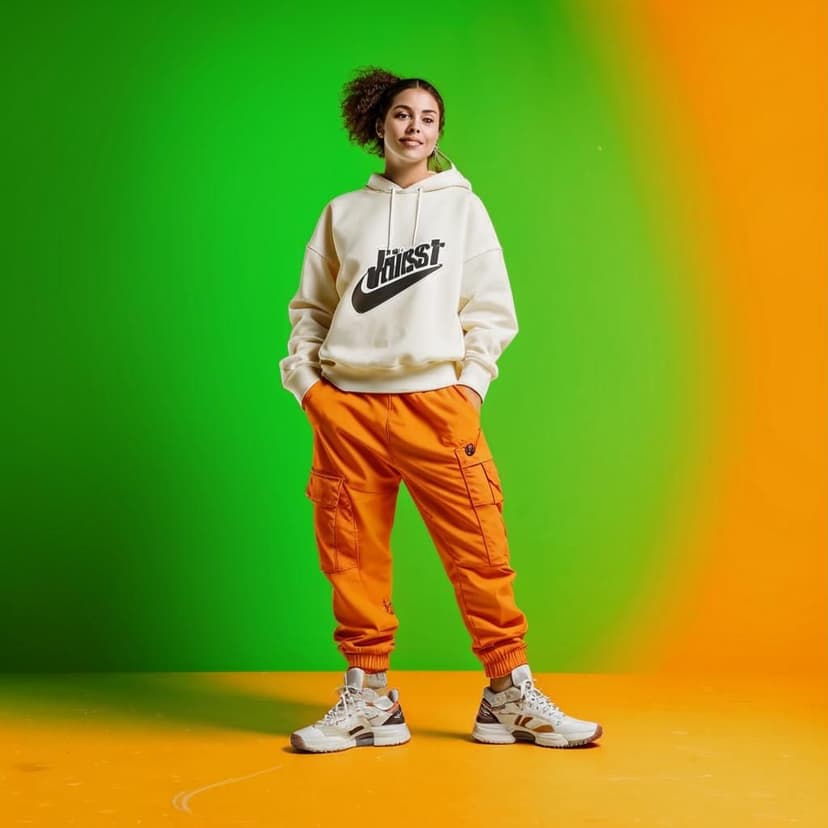 “Bold Nike Air ad: A confident model leans back in white sweatshirt and orange cargos against a vibrant green gradient