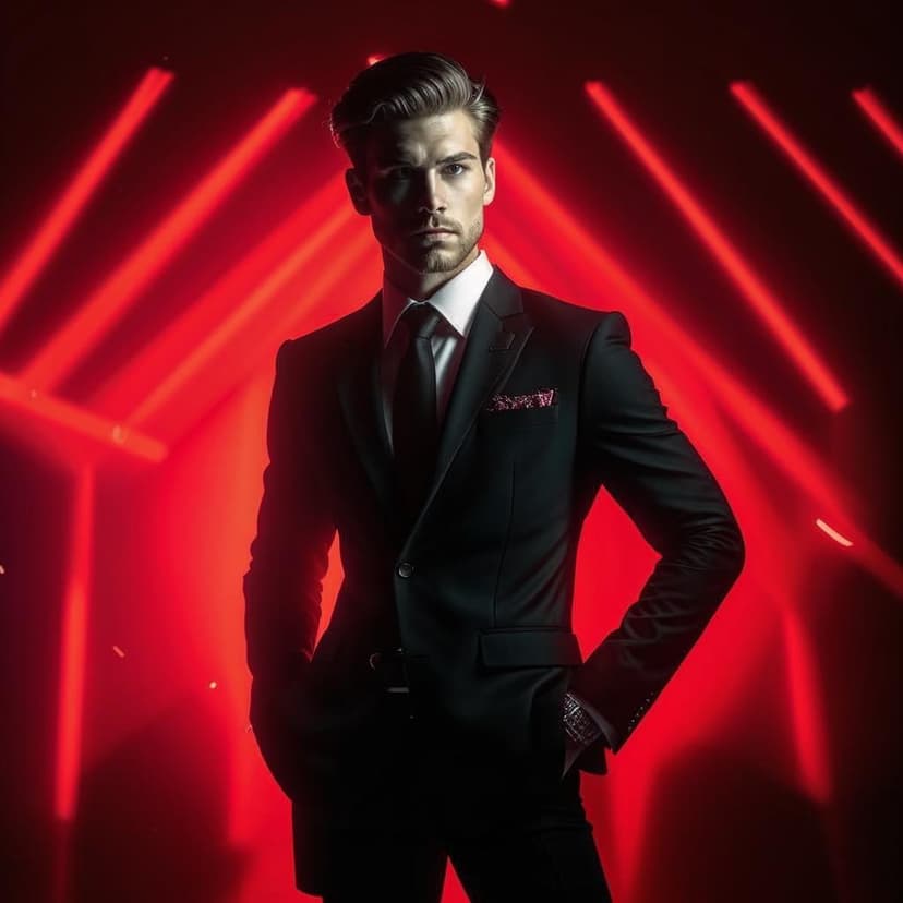 A chic European model strikes a confident pose against a dramatic red backdrop