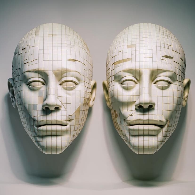 Four surreal head sculptures with exaggerated