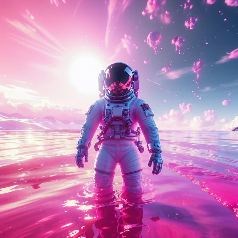 Ultra-realistic digital art of an astronaut in a sleek white and silver spacesuit (#F8F0F4) half-submerged in a sparkling pink ocean (#FF69B4). The helmet glows with effervescent magenta liquid (#DA70D6)