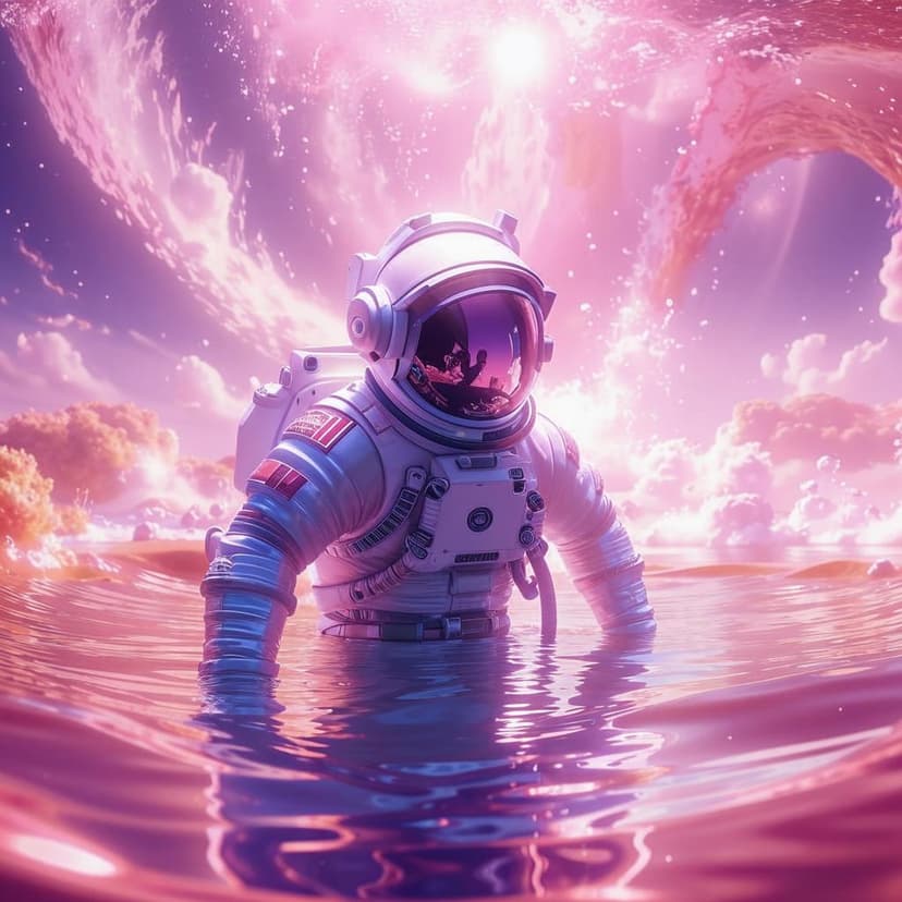 Ultra-photorealistic digital art of an astronaut in a sleek white and silver spacesuit (#F8F0F4) submerged in a sparkling pink ocean (#FF69B4). Their helmet glows with effervescent magenta liquid (#DA70D6)