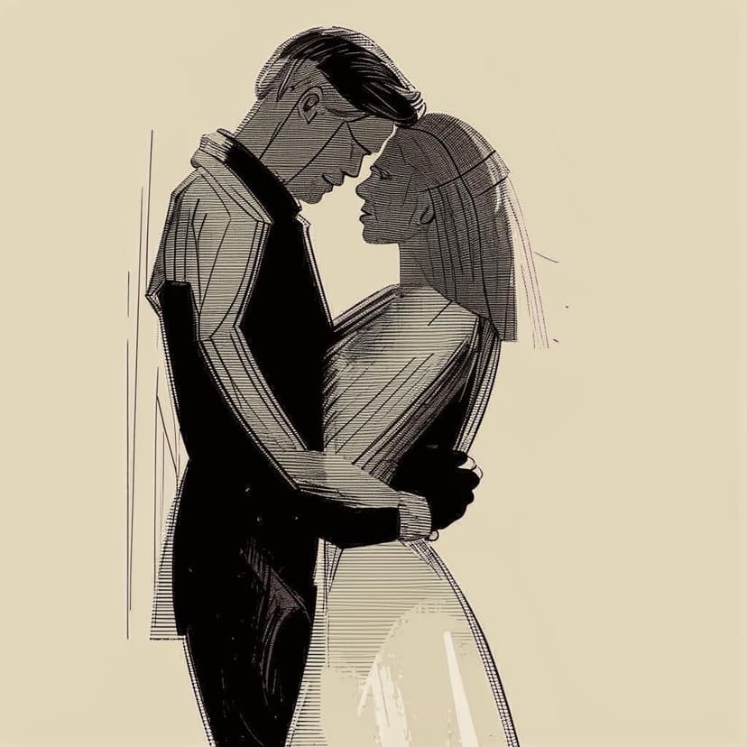 “Abstract minimalist single-line contour drawing of lovers’ silhouettes in coffee tones