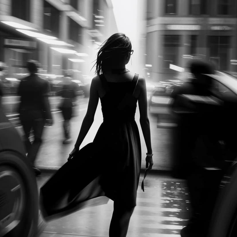 **A monochrome portrait of a poised brunette gliding through a blurred crowd