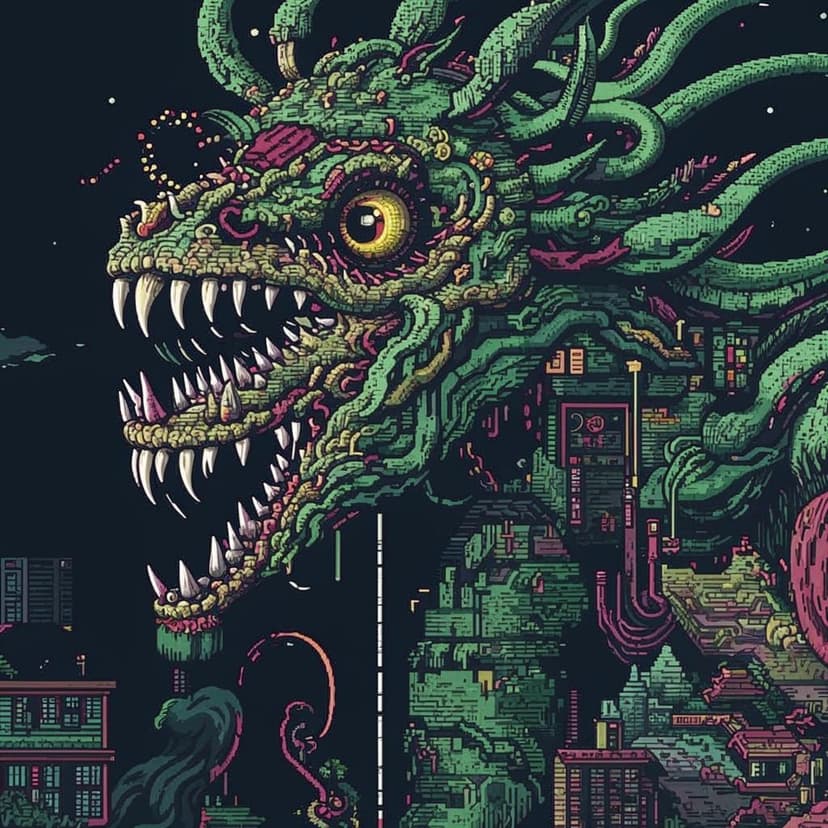 A hand-drawn bitmap close-up of a grotesque creature pet