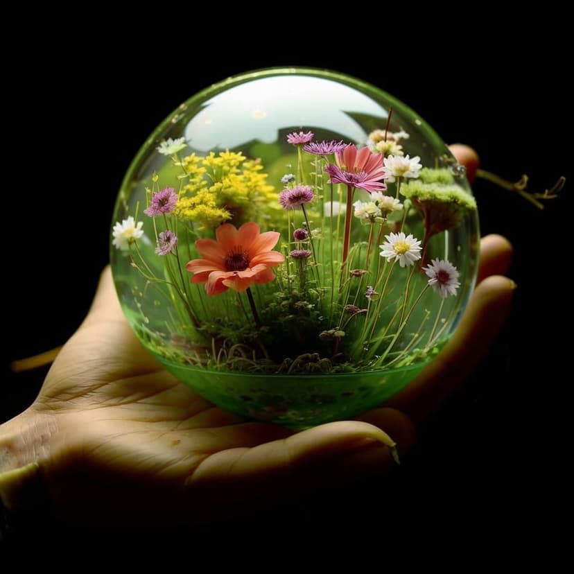 A delicate glass capsule bursts with vibrant wildflowers and green grass