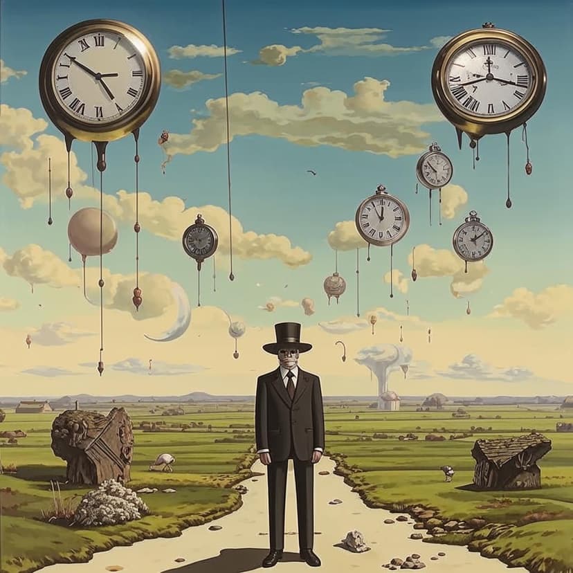 “Persistence of Memory reimagined by Magritte: a suited man stands amidst floating clocks under a dreamlike sky